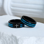 Anillo de Cruz de Acero de Titanio Moderno con Incrustación Azul Láser: Serenidad en la Luz Azul de Cristo