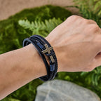 Pulsera de Moda de Acero Inoxidable en Tres Colores y Cuero Trenzado