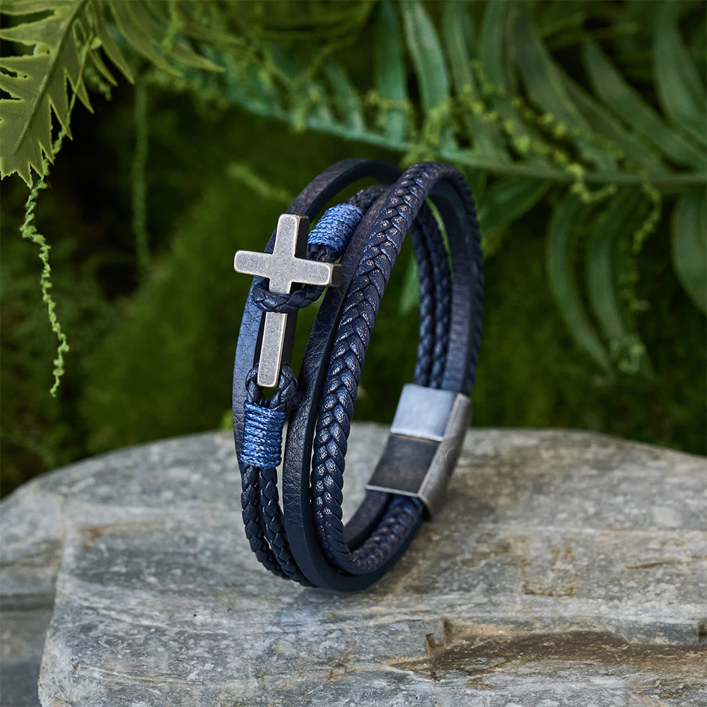Pulsera de Moda de Acero Inoxidable en Tres Colores y Cuero Trenzado