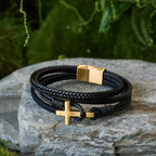 Pulsera de Moda de Acero Inoxidable en Tres Colores y Cuero Trenzado