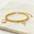 Pulsera de Cruz con Semilla de Mostaza y Perla Dorada con Tarjeta de Regalo "Dios Está Dentro de Ella"