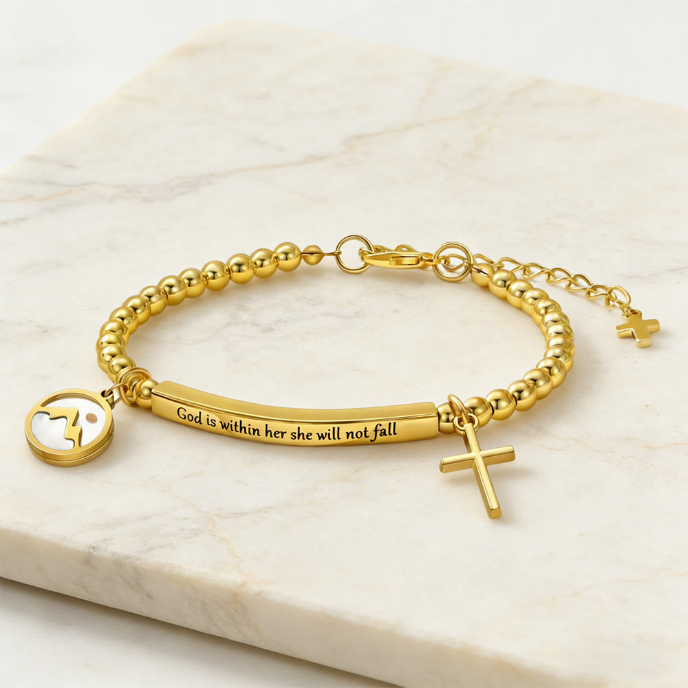 Pulsera de Cruz con Semilla de Mostaza y Perla Dorada con Tarjeta de Regalo "Dios Está Dentro de Ella"