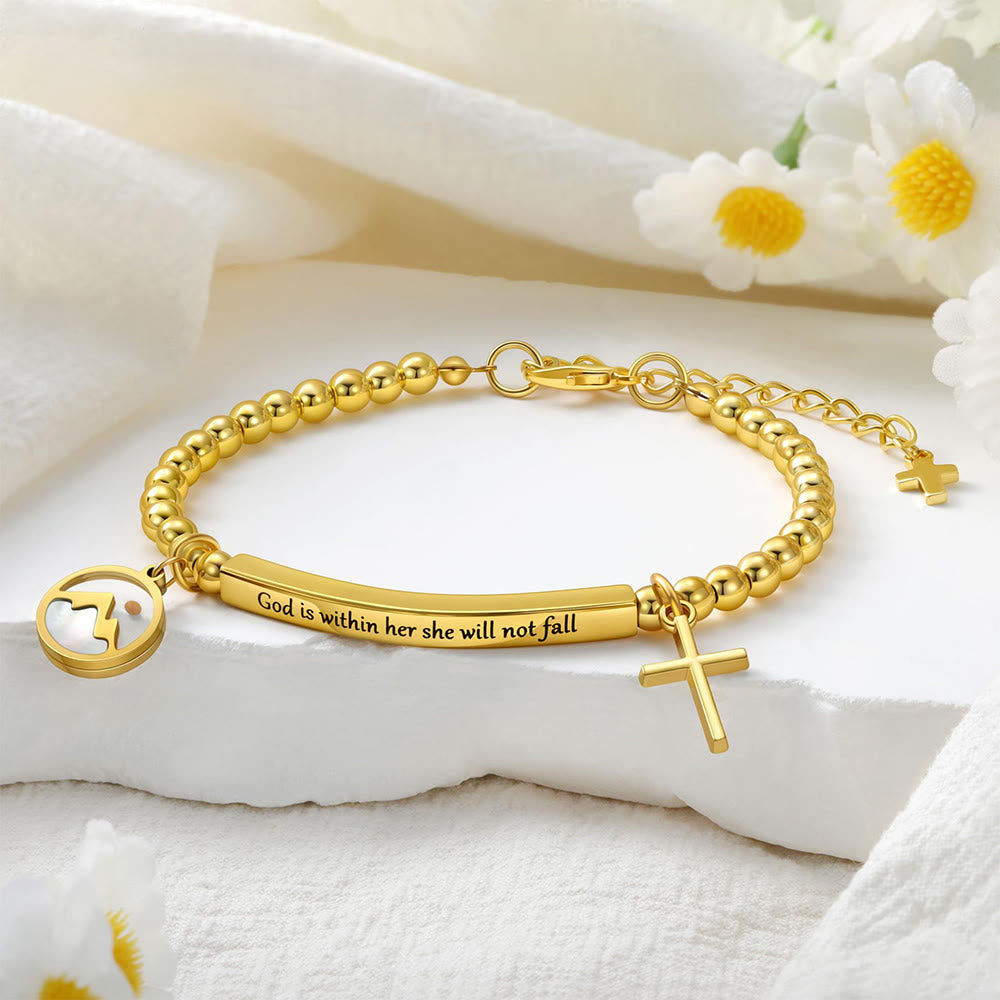 Pulsera de Cruz con Semilla de Mostaza y Perla Dorada con Tarjeta de Regalo "Dios Está Dentro de Ella"