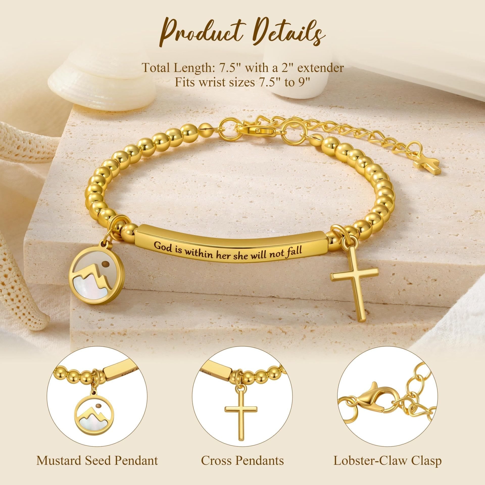 Pulsera de Cruz con Semilla de Mostaza y Perla Dorada con Tarjeta de Regalo "Dios Está Dentro de Ella"