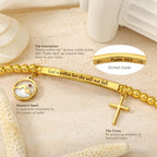 Pulsera de Cruz con Semilla de Mostaza y Perla Dorada con Tarjeta de Regalo "Dios Está Dentro de Ella"