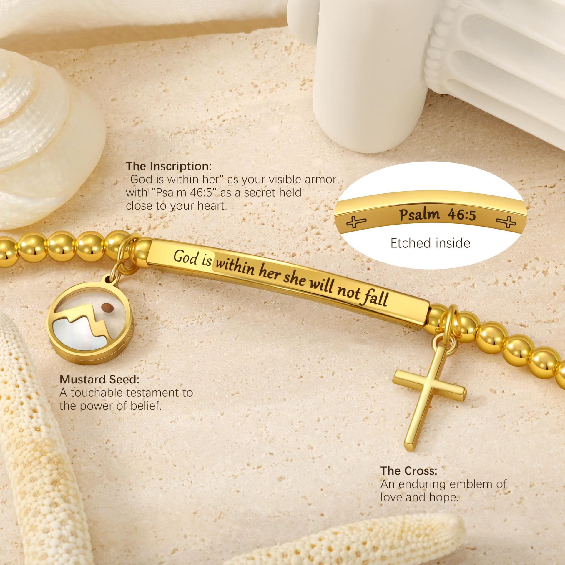 Pulsera de Cruz con Semilla de Mostaza y Perla Dorada con Tarjeta de Regalo "Dios Está Dentro de Ella"
