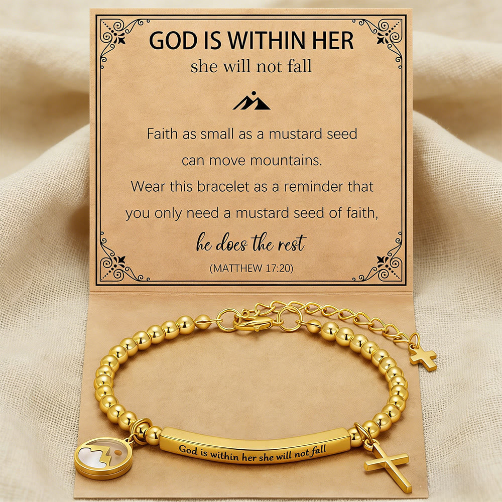 Pulsera de Cruz con Semilla de Mostaza y Perla Dorada con Tarjeta de Regalo "Dios Está Dentro de Ella"