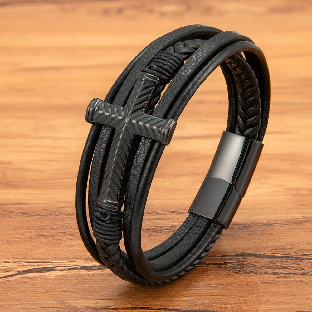 Pulsera de Cuero con Cruz de Tres Estilos: Fe Personalizada en Cada Hilo