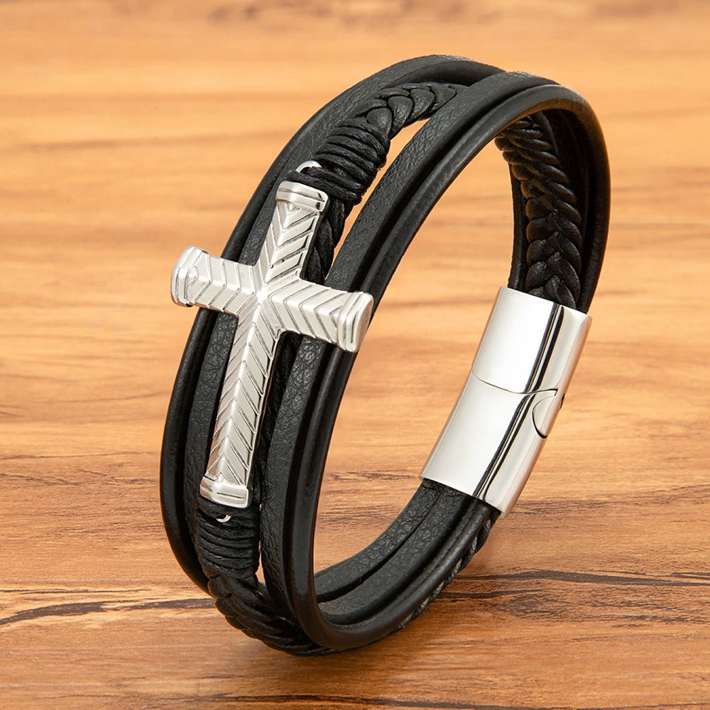 Pulsera de Cuero con Cruz de Tres Estilos: Fe Personalizada en Cada Hilo