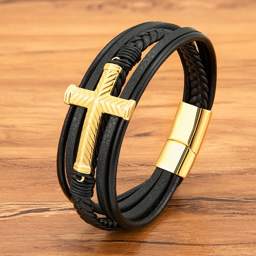 Pulsera de Cuero con Cruz de Tres Estilos: Fe Personalizada en Cada Hilo