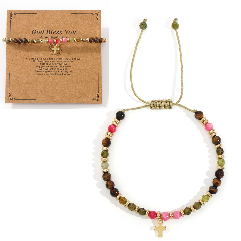 Pulsera de Piedra Natural y Cruz con Tarjeta de la Biblia: Devoción Ternura para Momentos Especiales