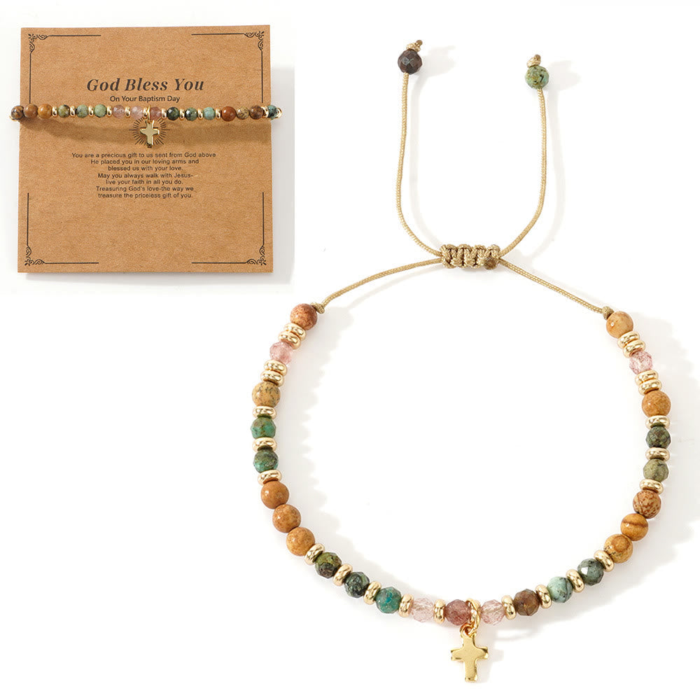 Pulsera de Piedra Natural y Cruz con Tarjeta de la Biblia: Devoción Ternura para Momentos Especiales