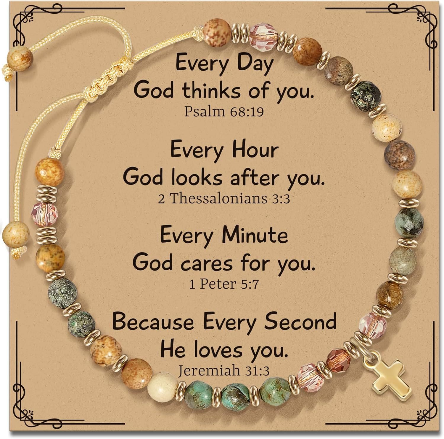 Pulsera de Piedra Natural y Cruz con Tarjeta de la Biblia: Devoción Ternura para Momentos Especiales