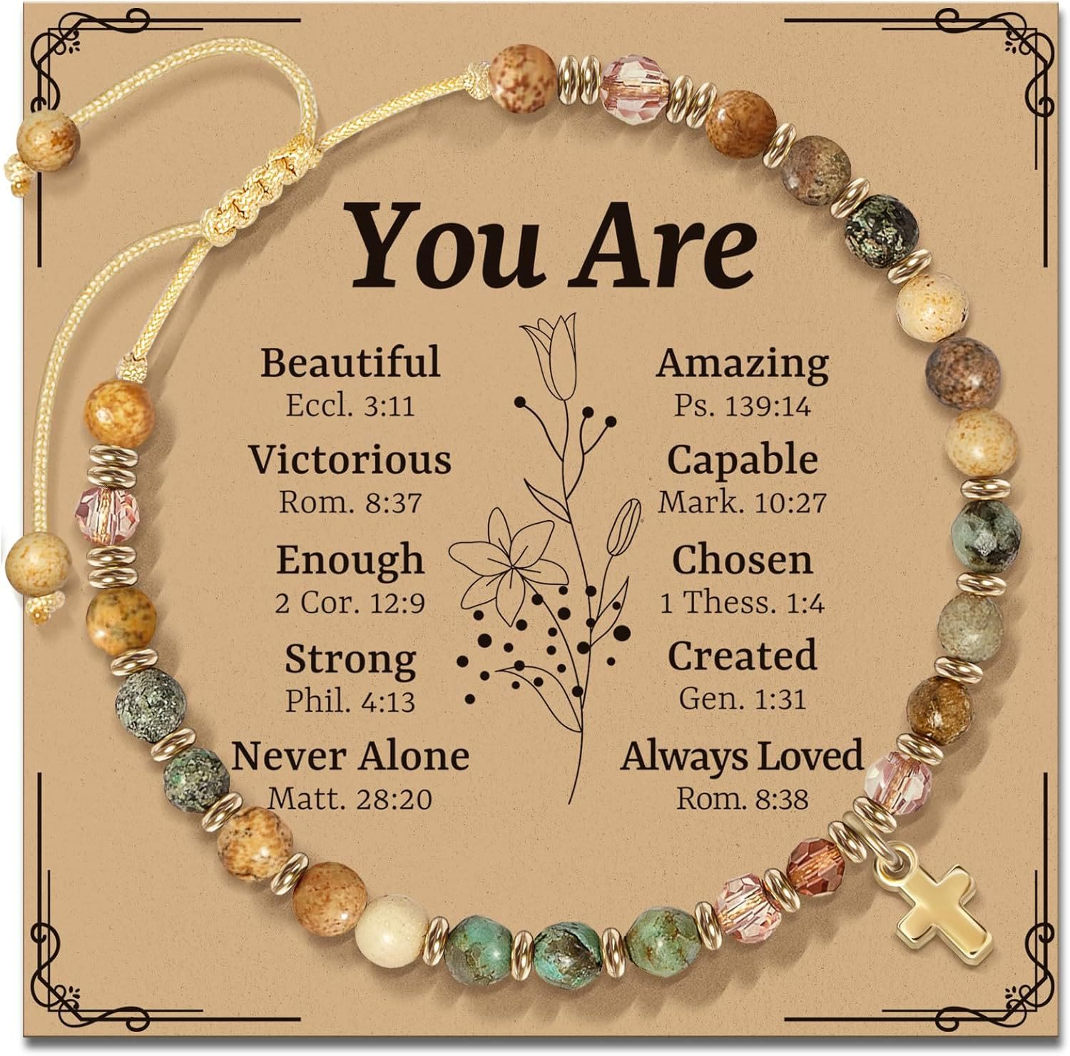 Pulsera de Piedra Natural y Cruz con Tarjeta de la Biblia: Devoción Ternura para Momentos Especiales