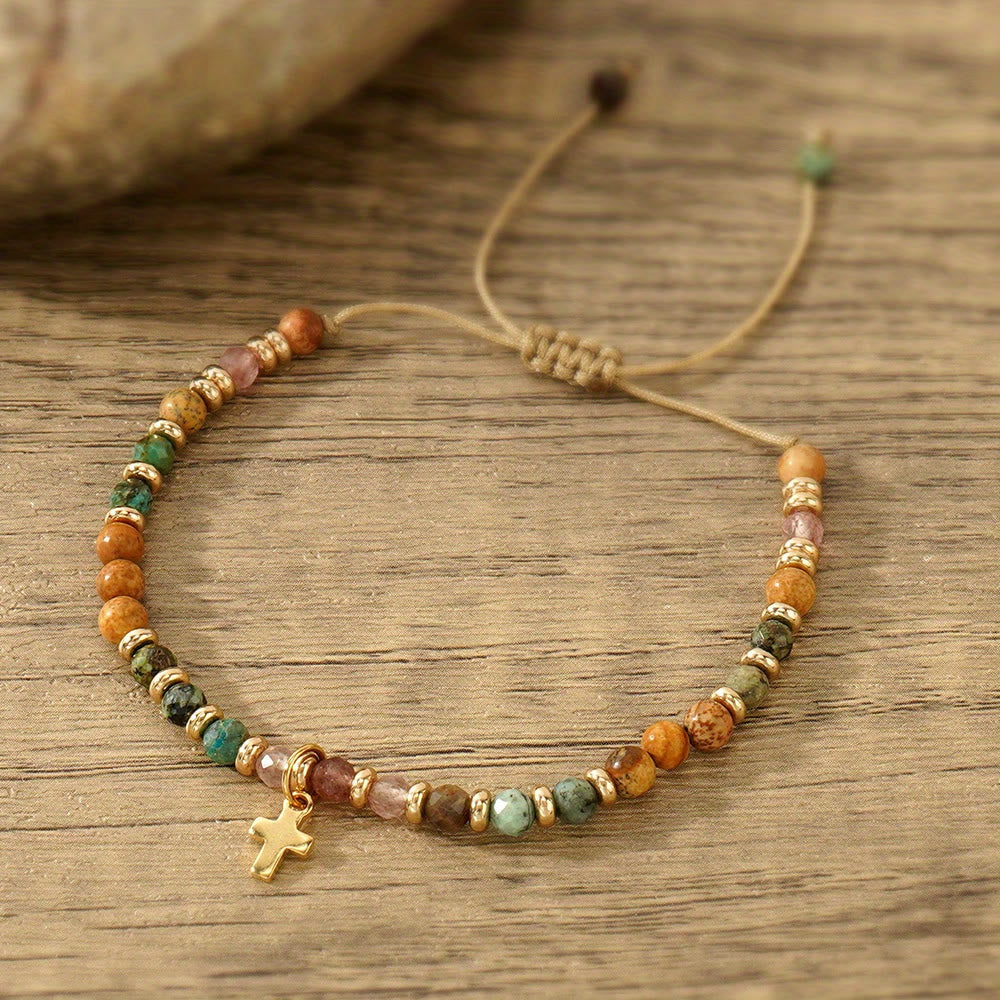 Pulsera de Piedra Natural y Cruz con Tarjeta de la Biblia: Devoción Ternura para Momentos Especiales