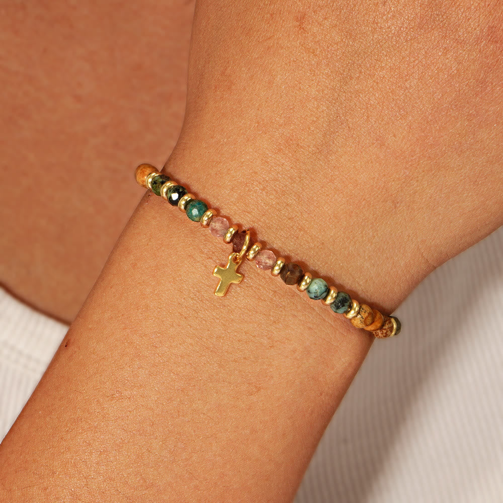 Pulsera de Piedra Natural y Cruz con Tarjeta de la Biblia: Devoción Ternura para Momentos Especiales