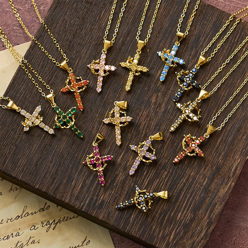 Fe - Collar de Cruz con Acentos de Piedras de Nacimiento Mensuales