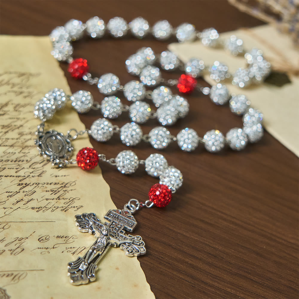 Medalla Milagrosa y Crucifijo de Collar de Gemas Redondas de 10 mm en Plata