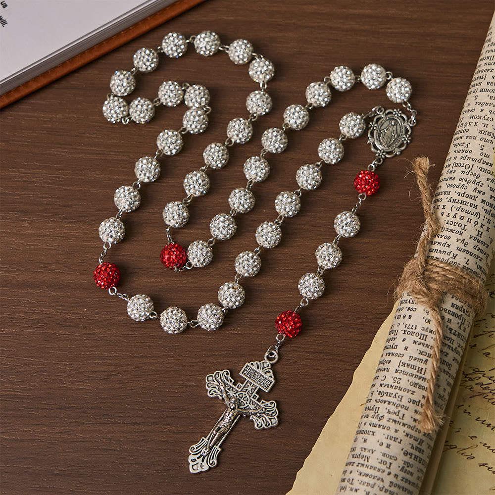 Medalla Milagrosa y Crucifijo de Collar de Gemas Redondas de 10 mm en Plata