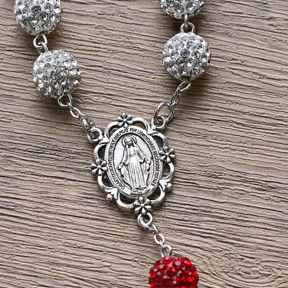 Medalla Milagrosa y Crucifijo de Collar de Gemas Redondas de 10 mm en Plata
