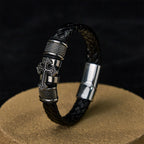 Pulsera de Cuero Clásica de Dos Tonos con Cruz Santa y Diseño Trenzado