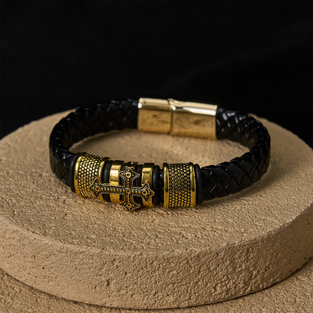 Pulsera de Cuero Clásica de Dos Tonos con Cruz Santa y Diseño Trenzado
