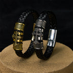 Pulsera de Cuero Clásica de Dos Tonos con Cruz Santa y Diseño Trenzado