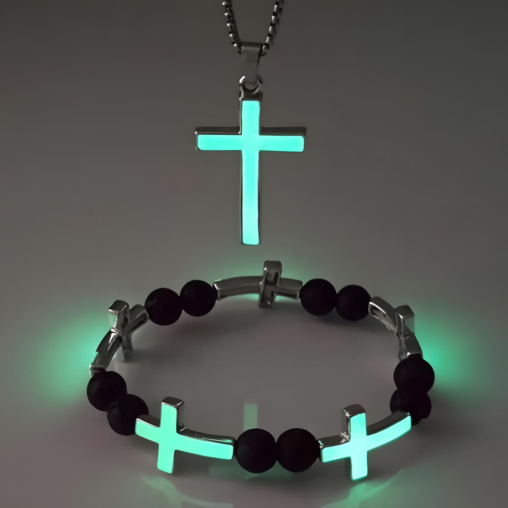 Collar de Cruz Luminosa y Conjunto de Pulsera de Cuentas: Recuerda Su Luz Silenciosa