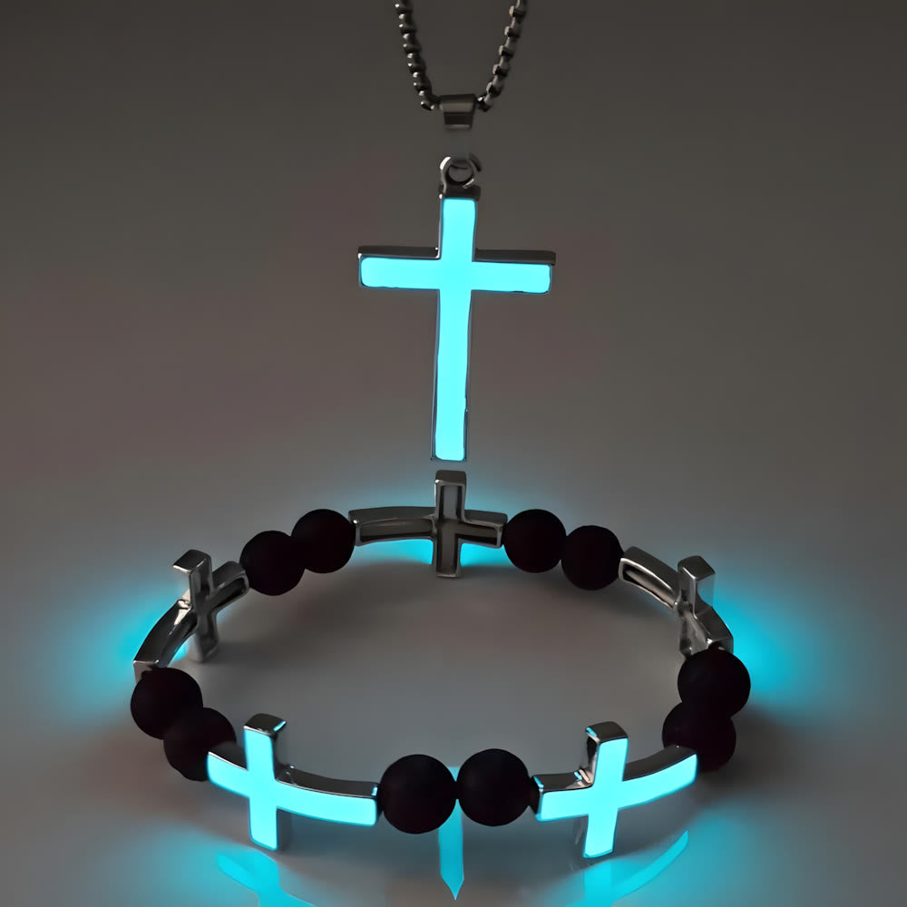 Collar de Cruz Luminosa y Conjunto de Pulsera de Cuentas: Recuerda Su Luz Silenciosa