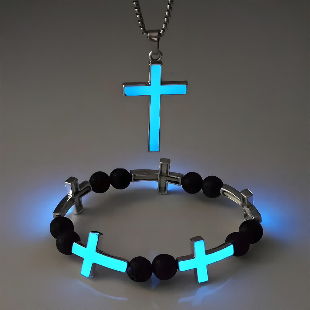 Collar de Cruz Luminosa y Conjunto de Pulsera de Cuentas: Recuerda Su Luz Silenciosa