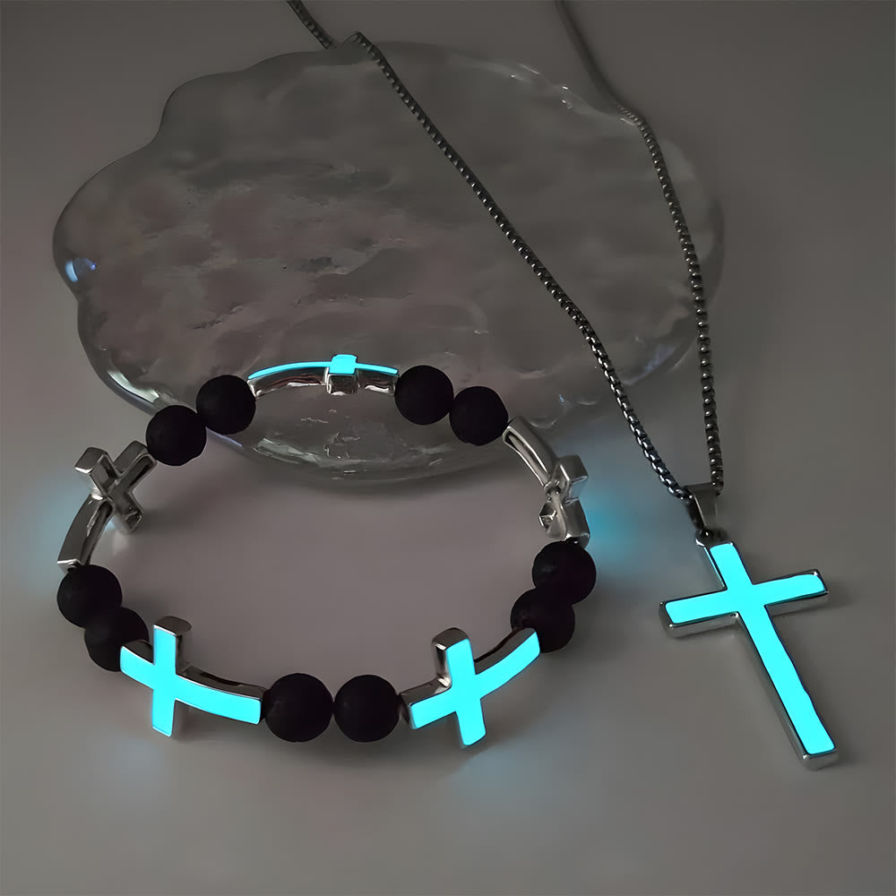 Collar de Cruz Luminosa y Conjunto de Pulsera de Cuentas: Recuerda Su Luz Silenciosa