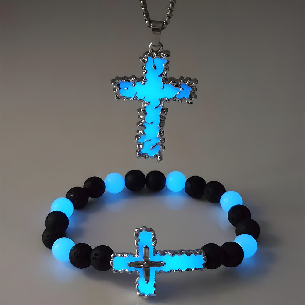 Collar Cruz Luminosa de 3 Colores y Conjunto de Pulsera de Cuentas: Recuerda Su Luz Silenciosa