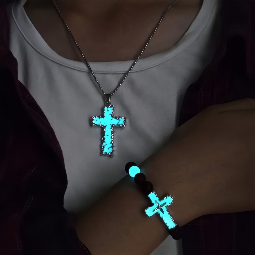 Collar Cruz Luminosa de 3 Colores y Conjunto de Pulsera de Cuentas: Recuerda Su Luz Silenciosa