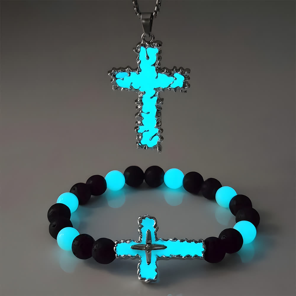 Collar Cruz Luminosa de 3 Colores y Conjunto de Pulsera de Cuentas: Recuerda Su Luz Silenciosa