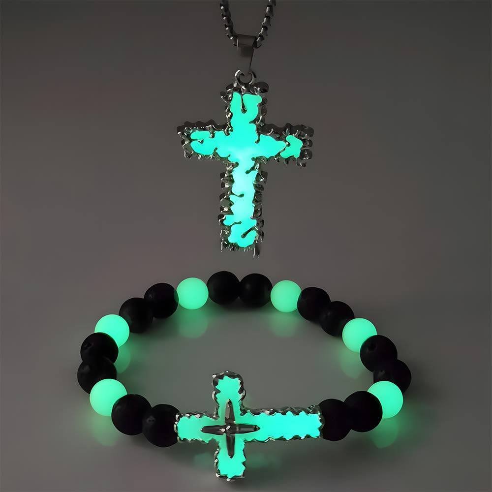 Collar Cruz Luminosa de 3 Colores y Conjunto de Pulsera de Cuentas: Recuerda Su Luz Silenciosa