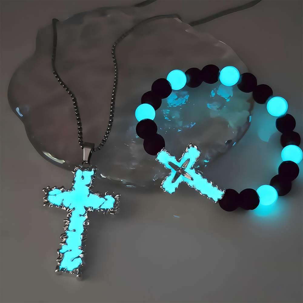 Collar Cruz Luminosa de 3 Colores y Conjunto de Pulsera de Cuentas: Recuerda Su Luz Silenciosa