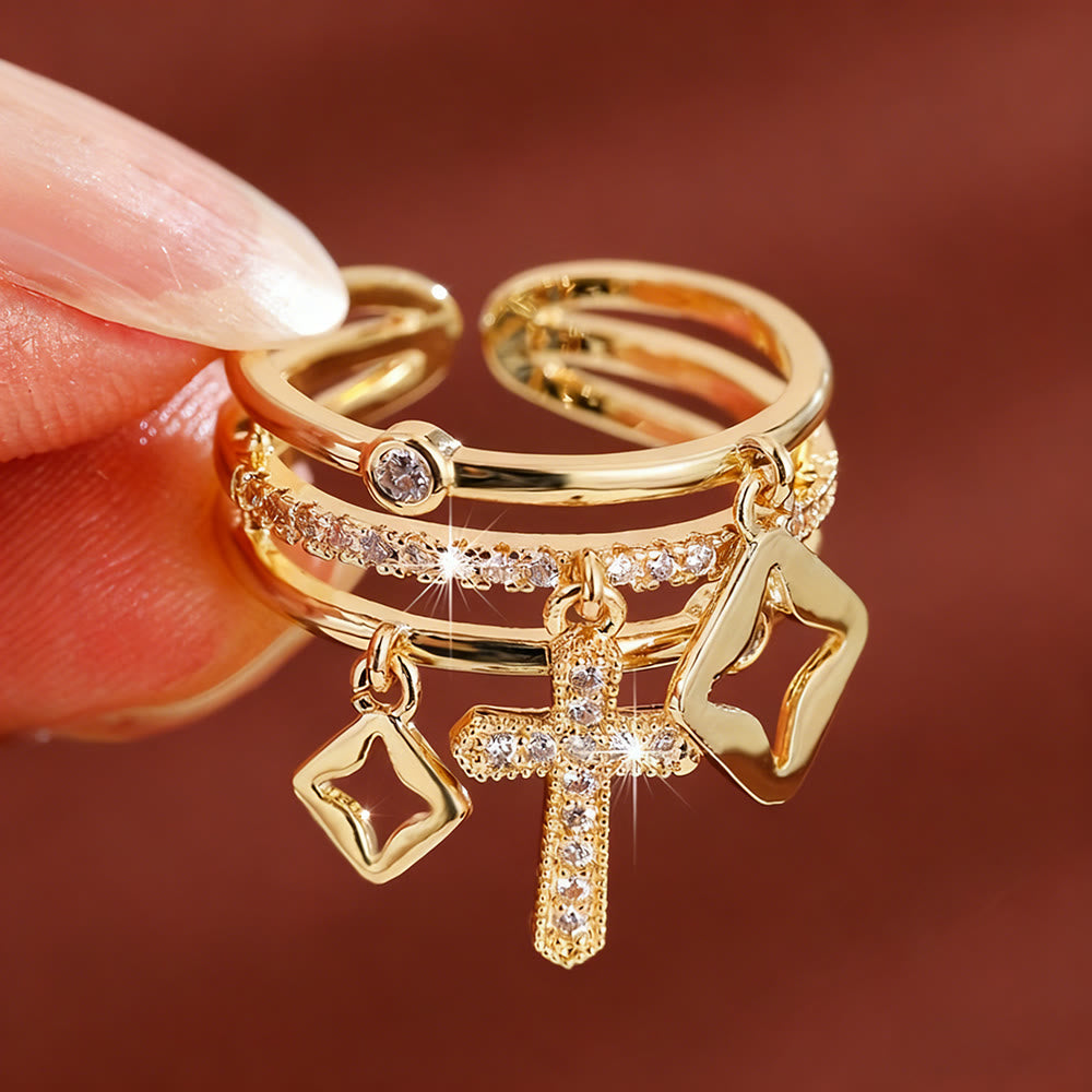 Anillo de Banda Capas con Charm de Cruz Brillante: Recuerda Su Paz Silenciosa