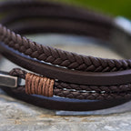 Pulsera de Moda de Acero Inoxidable en Tres Colores y Cuero Trenzado