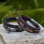Pulsera de Moda de Acero Inoxidable en Tres Colores y Cuero Trenzado