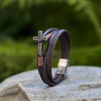 Pulsera de Moda de Acero Inoxidable en Tres Colores y Cuero Trenzado
