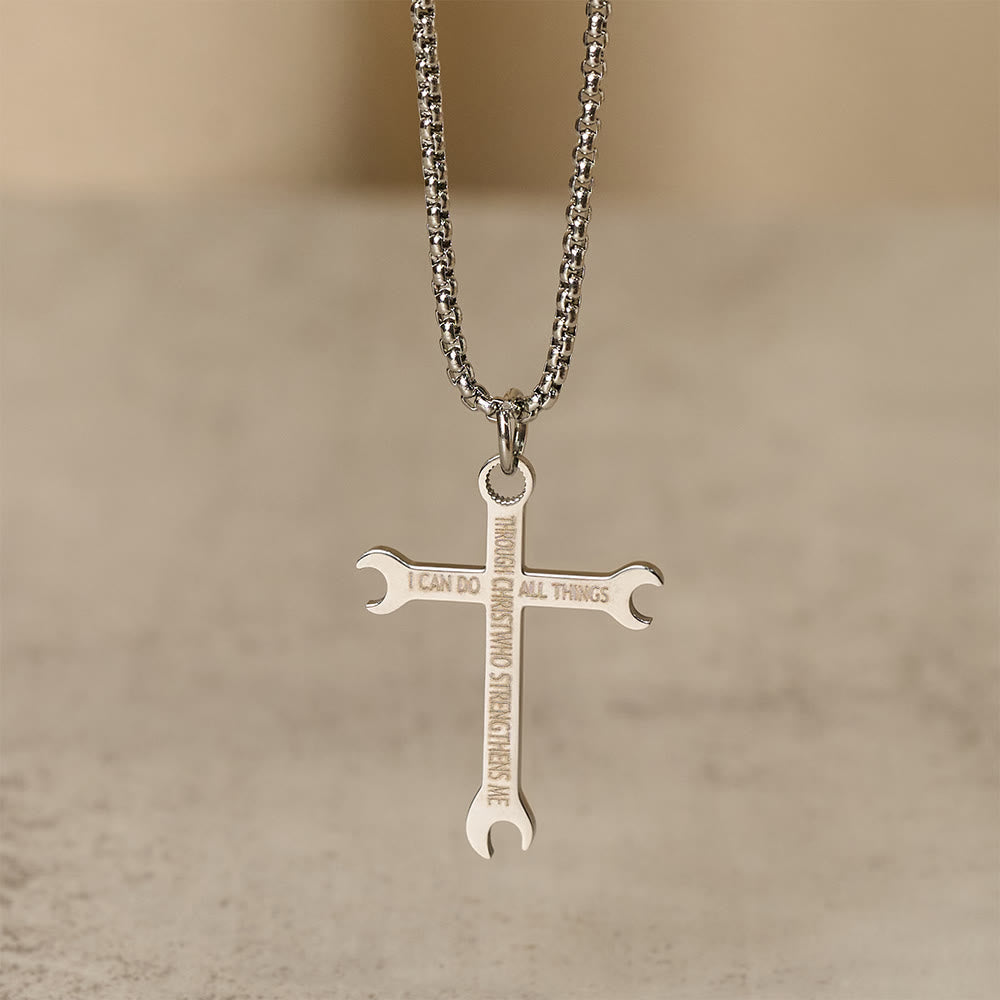 Collar de Cruz de Llave Tricolor Minimalista con Versículo de la Biblia sobre Fe y Fuerza