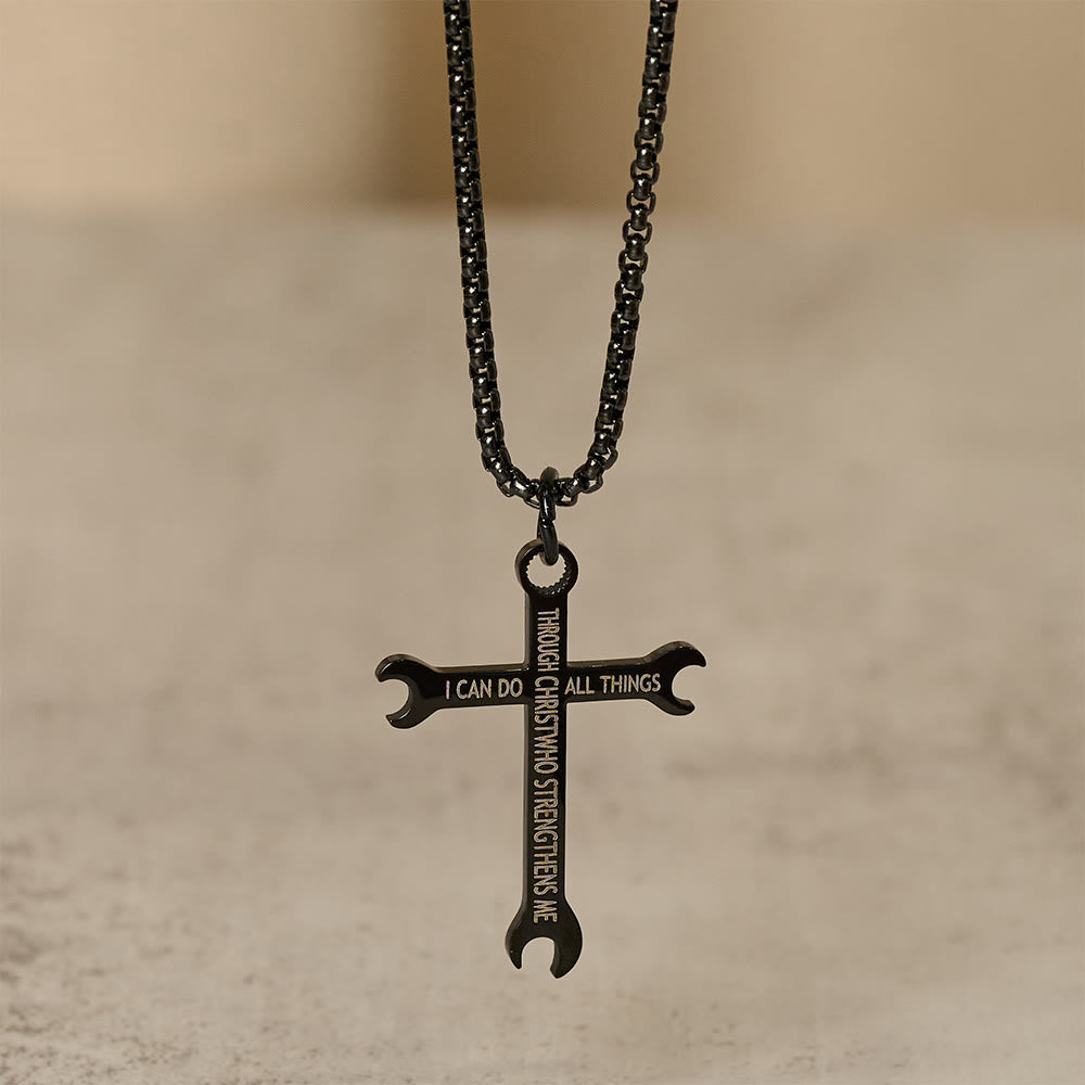 Collar de Cruz de Llave Tricolor Minimalista con Versículo de la Biblia sobre Fe y Fuerza