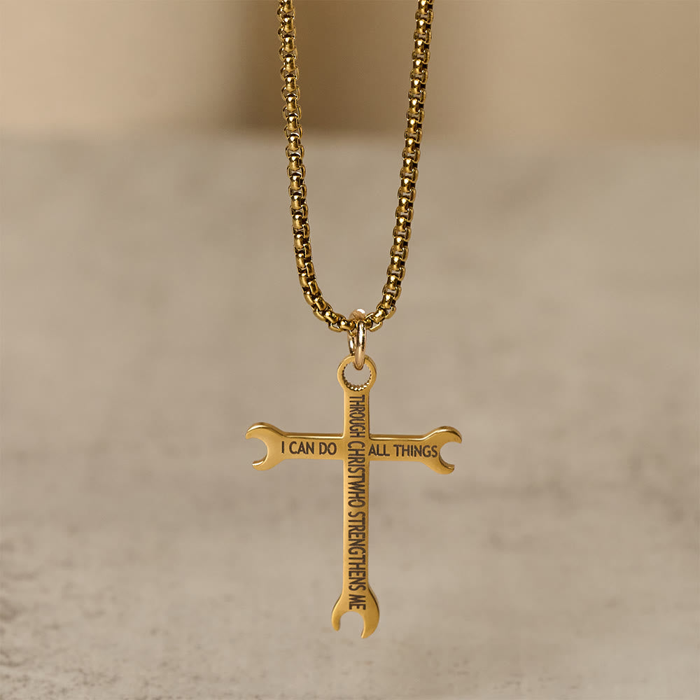 Collar de Cruz de Llave Tricolor Minimalista con Versículo de la Biblia sobre Fe y Fuerza
