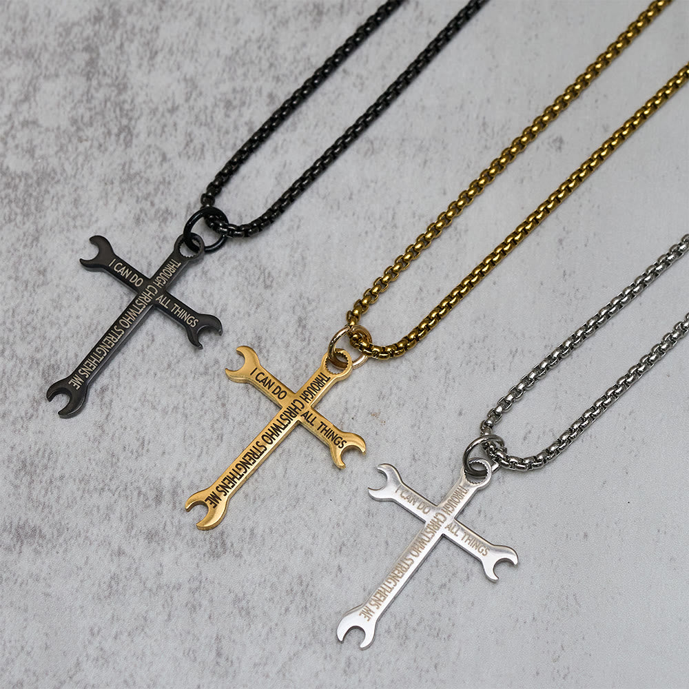 Collar de Cruz de Llave Tricolor Minimalista con Versículo de la Biblia sobre Fe y Fuerza