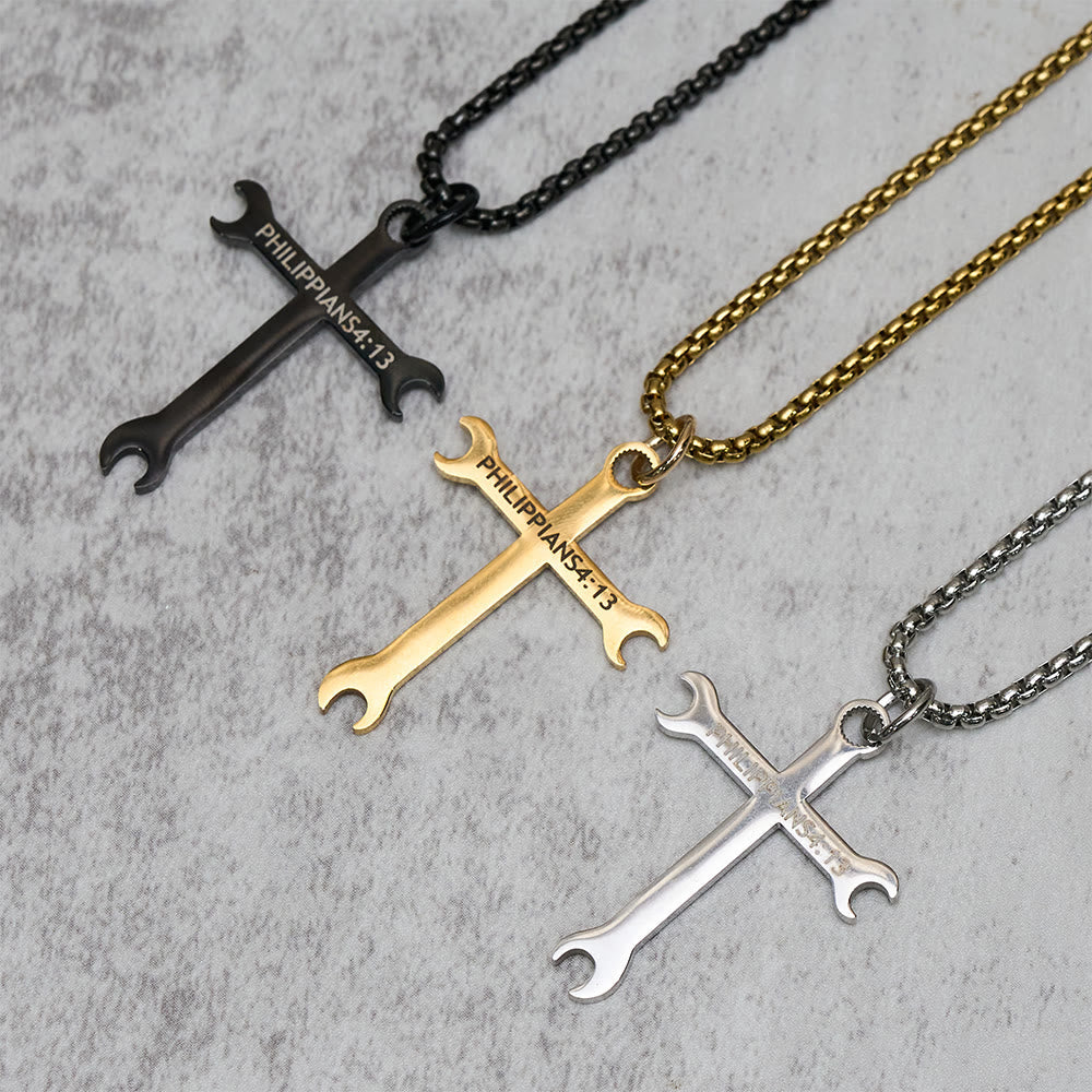 Collar de Cruz de Llave Tricolor Minimalista con Versículo de la Biblia sobre Fe y Fuerza