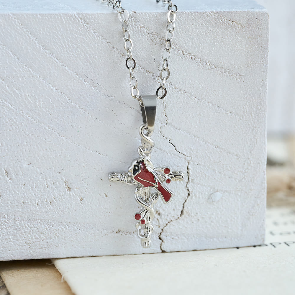 Collar de Cardenal Artesanal con Colgante de Cruz, Collar de Pájaro Rojo