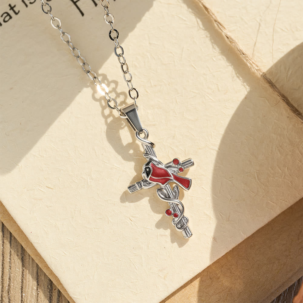 Collar de Cardenal Artesanal con Colgante de Cruz, Collar de Pájaro Rojo