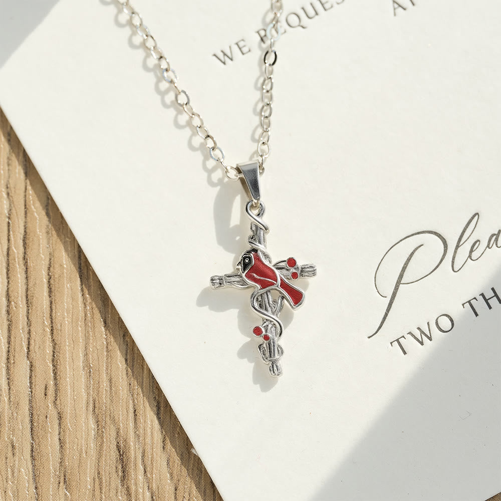 Collar de Cardenal Artesanal con Colgante de Cruz, Collar de Pájaro Rojo