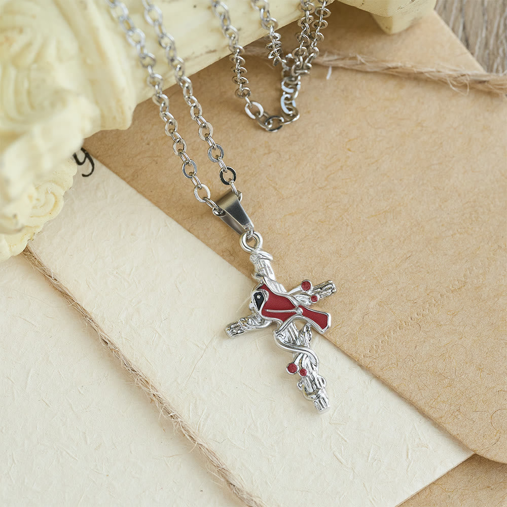 Collar de Cardenal Artesanal con Colgante de Cruz, Collar de Pájaro Rojo