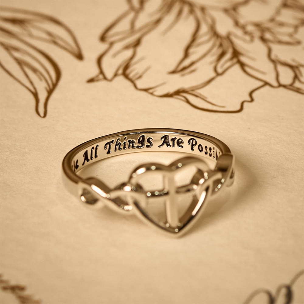 Anillo Unido de Fe en Forma de Cruz con Corazón: Con Dios, Todas las Cosas Son Posibles
